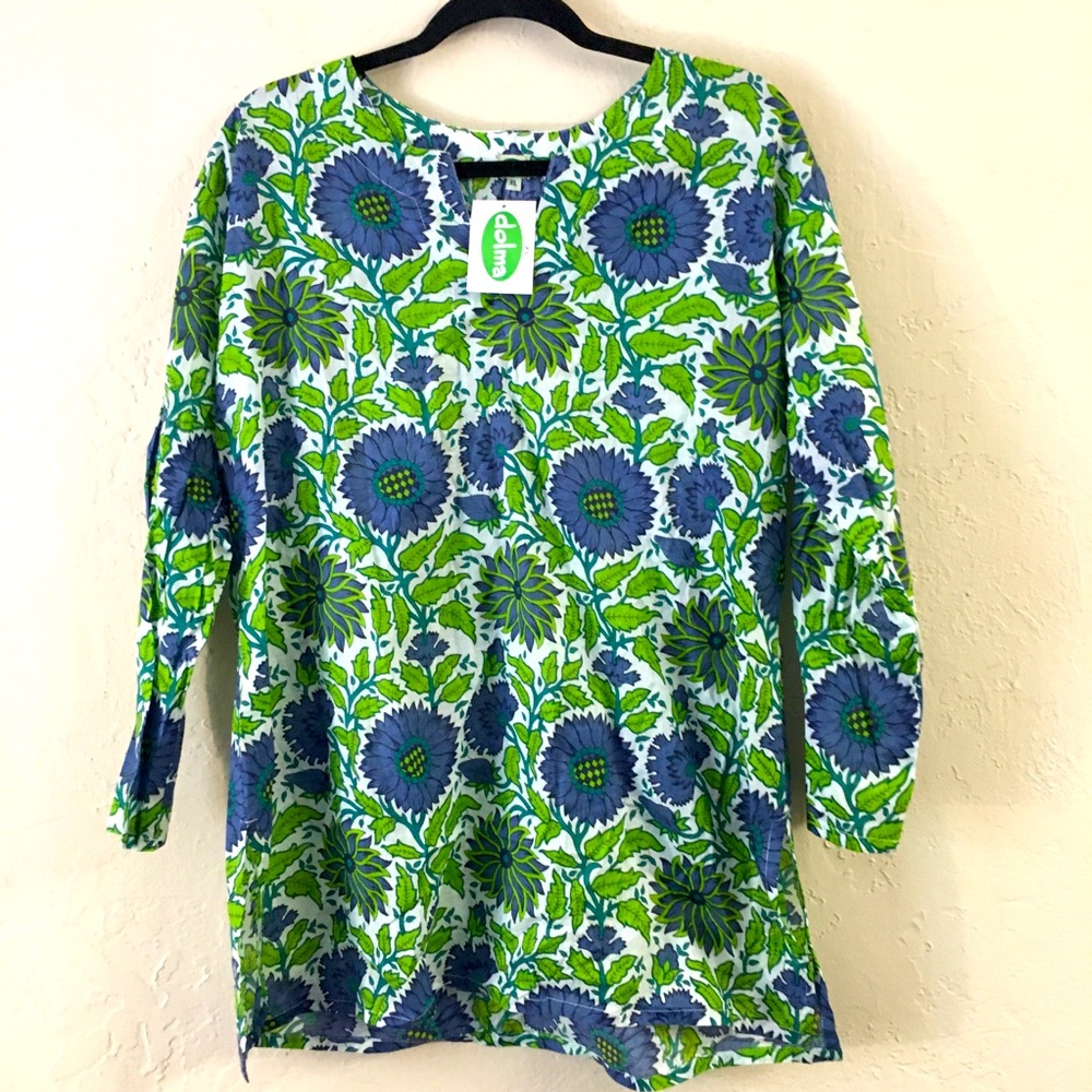 Dolma Floral Tunic Blouse XL 100% Cotton Vacation Hawaii Travel Casual Relaxed